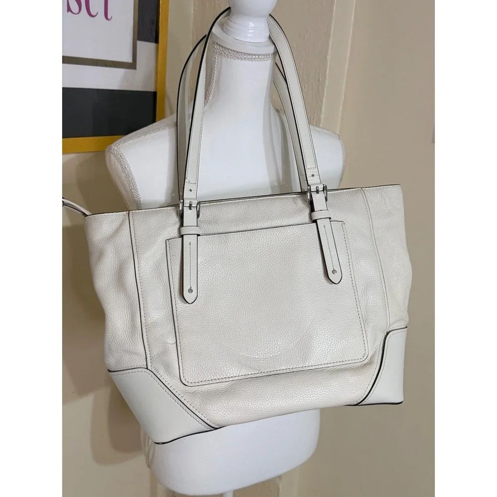 Michael Kors Bedford Large Pocket Tote White Pebbled Leather Shoulder Bag Silver
